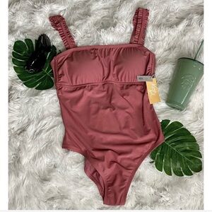 NWT Kona Sol Square Neck Ruffle One Piece Swim Suit Bathing suit Pink/Mauve
